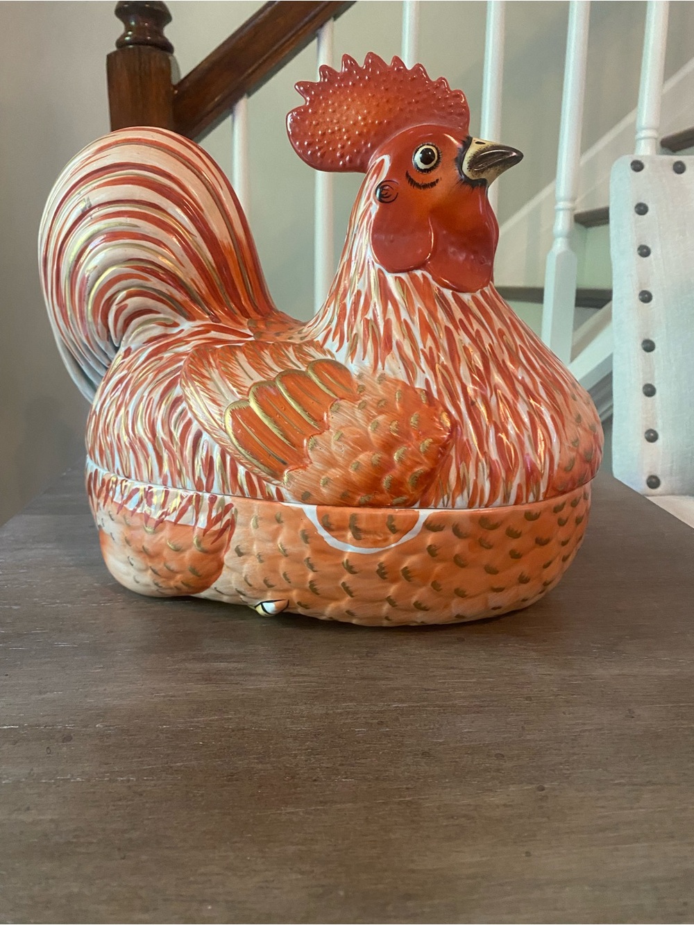 Mottahedeh Lowestoft Rooster Tureen Hand Painted Imari Orange Gold Rust